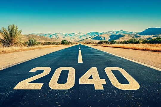 Exploring the Future A Long, Empty Asphalt Road Leading Towards a Distant Horizon in 2040