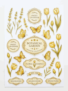 Vintage Botanical Illustration Stickers Featuring Flowers and Butterflies