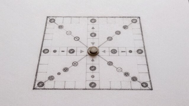Piece paper grid-like structure drawn grid divided squares each containing number small circular objects arran