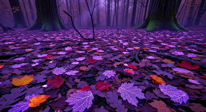 Purple Autumn Leaves Covering the Forest Floor in a Vibrant Natural Display