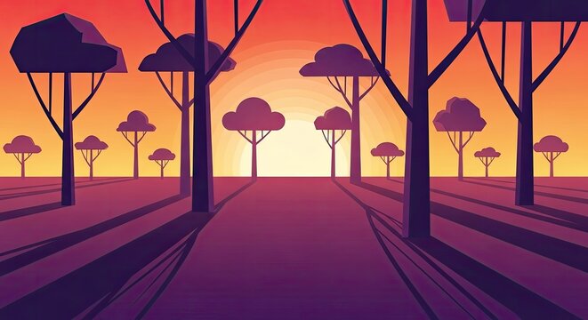 Purple Tree Silhouettes Against Orange Sunset