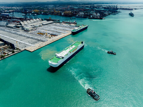 Large Car Carrier Vessel Departing The Industrial Shipping Terminal At Laem Chabang Port In Thailand