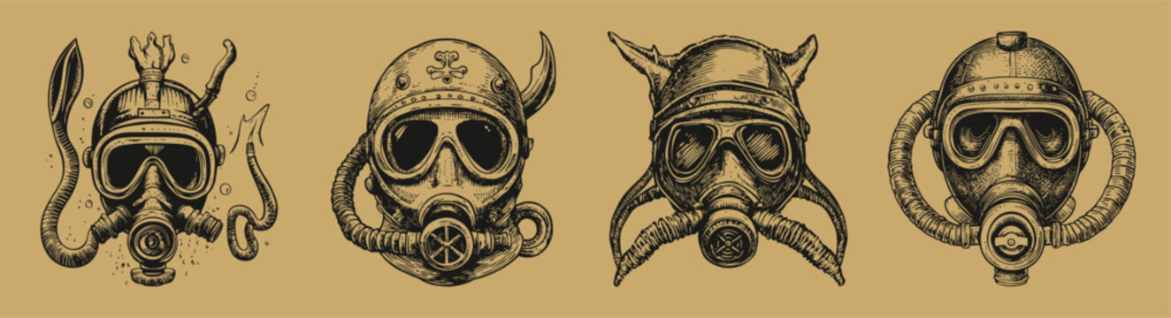 Vintage Diving Masks Illustrations for Scuba and Underwater Activities