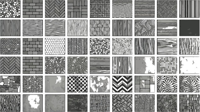 Professional library of grayscale architectural textures and building material patterns for CAD and 3D visualization mapping in a comprehensive vector tile set