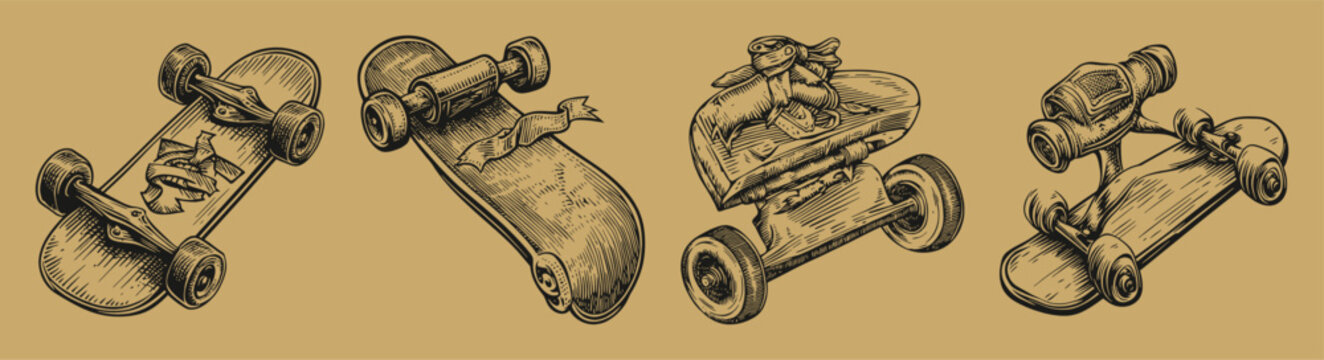 Vintage Skateboard Designs in High-Detail Vector Art Style