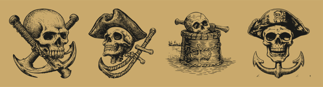 Vintage Pirate Skulls with Weapons and Anchor in Caribbean Style