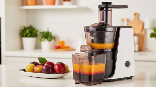 Slow masticating juicer extracting fresh fruit juice on white background