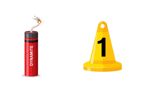 Dangerous explosive dynamite stick with burning fuse next to a bright yellow safety cone displaying the numeral one, graphic design elements