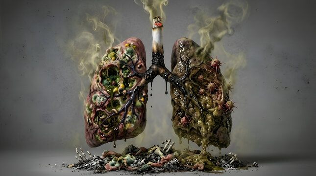 A disturbing visual representation of human lungs severely damaged and decaying from the chronic effects of smoking, highlighting the devastating health consequences of tobacco use