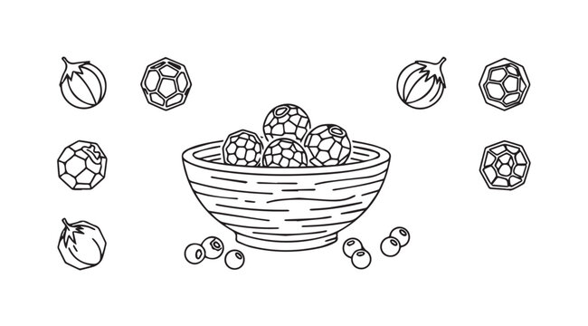 Hand drawn bowl filled with spherical objects and scattered small berries on white background