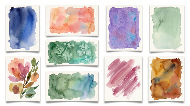 Realistic collection of watercolor painting textures on thick paper cards isolated on white background. Abstract colorful art set featuring washes, brush strokes, salt effects and floral designs.