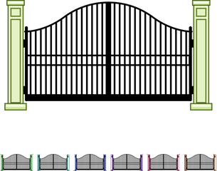 Obraz premium Ornate arching black iron gate with vertical bars and two decorative pillars standing on a white background, offering a concept of security, privacy, and entrance for homes or properties