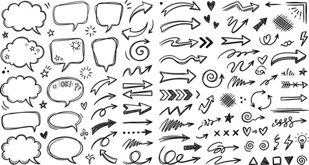 Hand drawn doodle elements collection speech bubbles arrows hearts and scribbles © Craft Designer