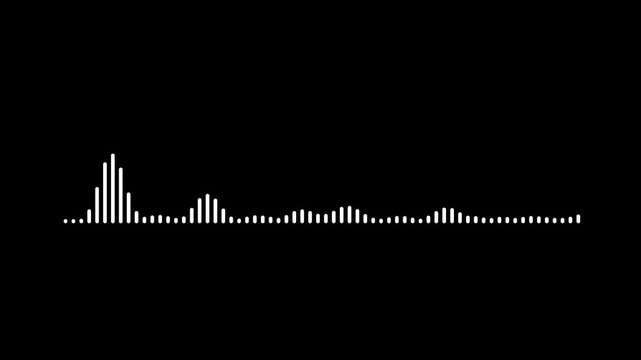 Modern audio spectrum visualization, glowing white equalizer pulse animation, futuristic voice recording display, clean black background motion graphics, 4k seamless loop animation.