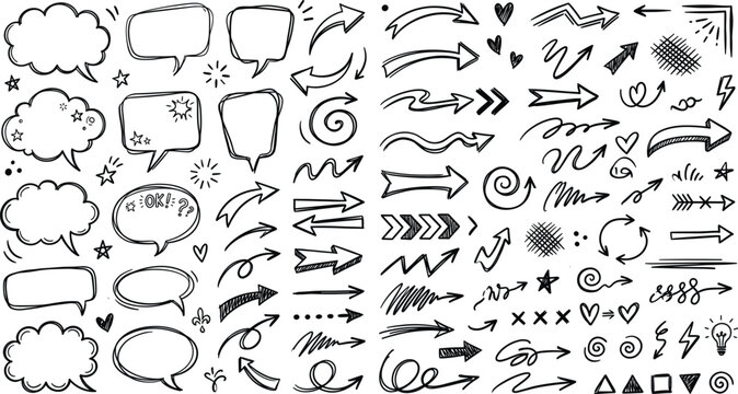 Hand drawn doodle elements collection speech bubbles arrows hearts and scribbles