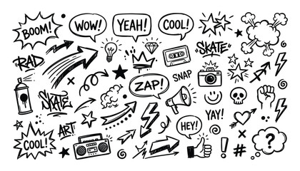 Hand drawn doodle set street art pop culture and youthful expression elements © Craft Designer