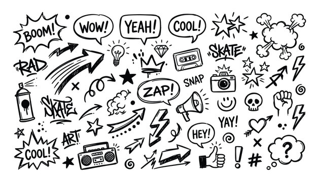 Hand drawn doodle set street art pop culture and youthful expression elements