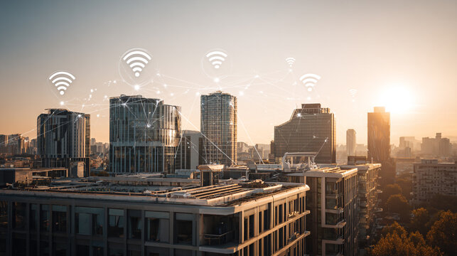 Smart city with connection network reciprocity over the cityscape social media networking systems that connects on the peak of success amid tall, innovative Smart city and graphs with statistics

