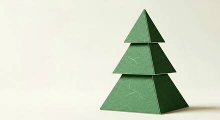 Fototapeta premium Stacked Green Paper Pyramids in Three Dimensional Minimalist Composition Against Neutral Background