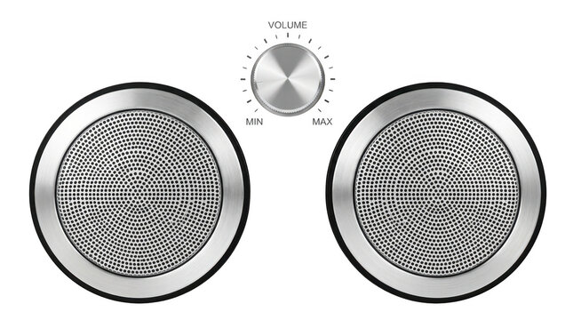 Two modern metallic speakers with a volume control knob isolated on transparent background