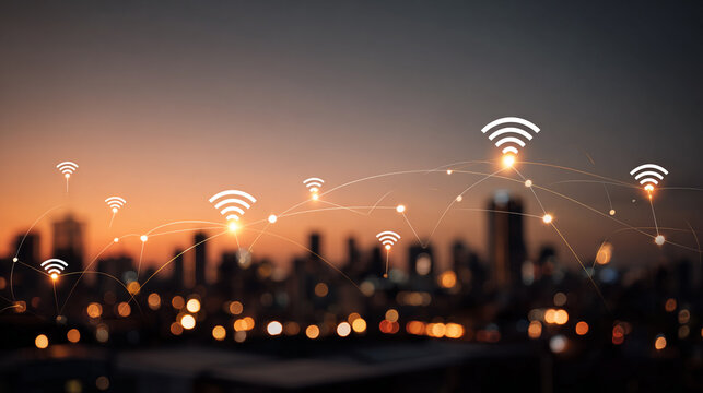 Smart city with connection network reciprocity over the cityscape social media networking systems that connects on the peak of success amid tall, innovative Smart city and graphs with statistics
