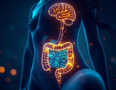 Human Gut Microbiome as Second Brain &ndash; Gut-Brain Axis Connection, Glowing Bacteria in Digestive System, Scientific 3D Medical Illustration, Gut Health and Mood Influence