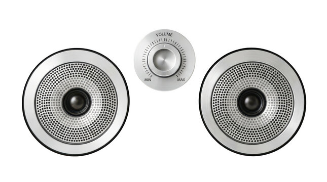 Two modern silver audio speakers and a volume control knob isolated on transparent background
