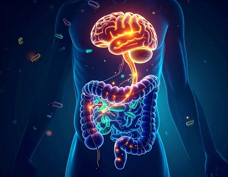 Human Gut Microbiome as Second Brain &ndash; Gut-Brain Axis Connection, Glowing Bacteria in Digestive System, Scientific 3D Medical Illustration, Gut Health and Mood Influence