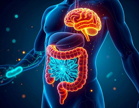 Human Gut Microbiome as Second Brain &ndash; Gut-Brain Axis Connection, Glowing Bacteria in Digestive System, Scientific 3D Medical Illustration, Gut Health and Mood Influence