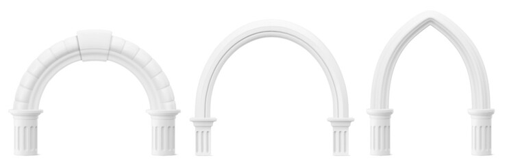 Obraz premium Ancient Roman arches set isolated on background. Vector realistic illustration of classic white stone columns and pillar details, 3D Greek marble molding gateways, elegant presentation design elements