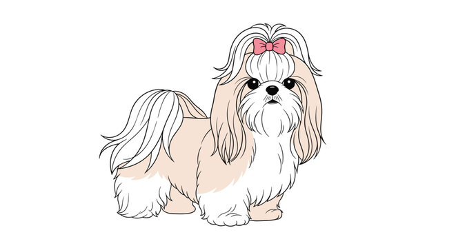 Small Shih Tzu dog with long white and tan fur and a pink bow, standing on a clean white background for grooming and pet care.