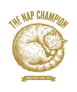 The Nap Champion Vintage Sleeping Cat T-Shirt Design with Funny Pet Quote