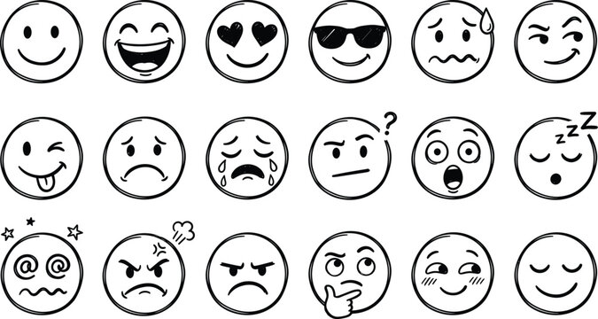 Hand drawn emoji set diverse facial expressions for digital communication and design