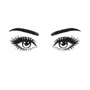 Minimalist female eyes vector illustration, beautiful eyelashes and eyebrows line art, black and white woman eyes sketch for beauty salon logo