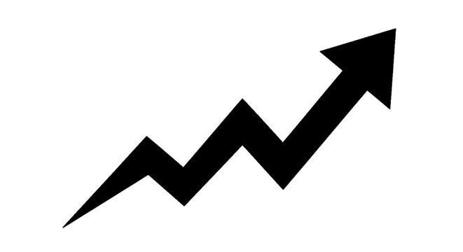 Minimal black silhouette icon, simple flat vector, bold black shape, no, no shading black arrow icon showing growth trend on on a, flat icon style
