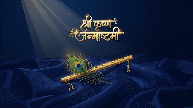 Shri Krishna Janmashtami Greeting with Golden Flute and Peacock Feather