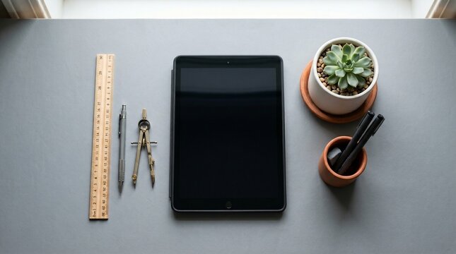 Clean and minimalist top-down flat lay of a creative workspace featuring a tablet, drafting tools, and a natural plant, ideal for design and productivity