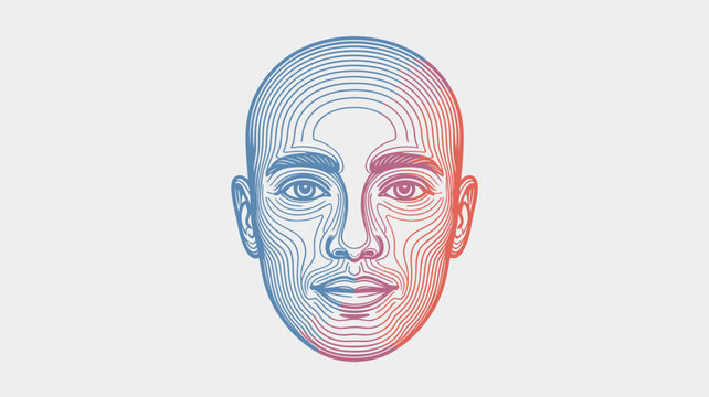 A stylized illustration of a human face with blue and red lines