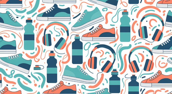 Seamless pattern with sports sneakers water bottles and headphones
