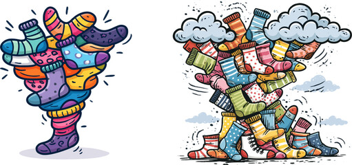 Obraz premium A whimsical illustration of socks forming a mini tornado, rendered in vibrant colors with bold outlines and playful patterns, set against a solid white background for high contrast vector tracing