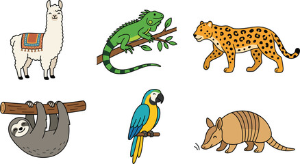 Fototapeta premium Exotic Wildlife Animal Vector Collection with Llama Iguana Leopard Sloth Parrot and Armadillo Illustrations for Nature Education and Tropical Design Projects