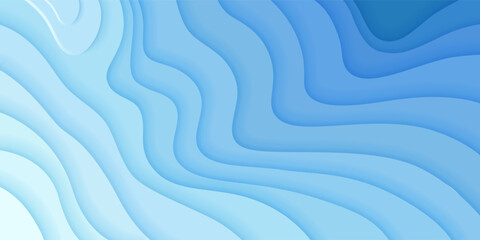 Naklejka premium Layered paper topographic background with flowing abstract waves, blue gradient depths and white paper cut relief patterns, vector illustration. Origami map design for ocean or river landscape