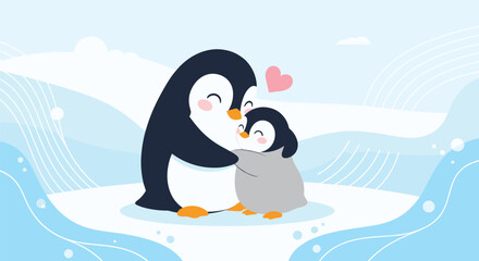 Fototapeta premium Penguin mother hugging her chick in a snowy Antarctic landscape for family and winter wildlife themes for cards.