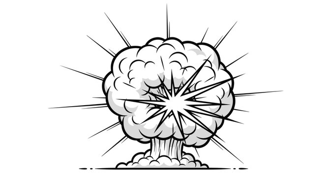 Dramatic black and white comic-style mushroom cloud explosion with intense burst lines and smoke billowing from the center point.