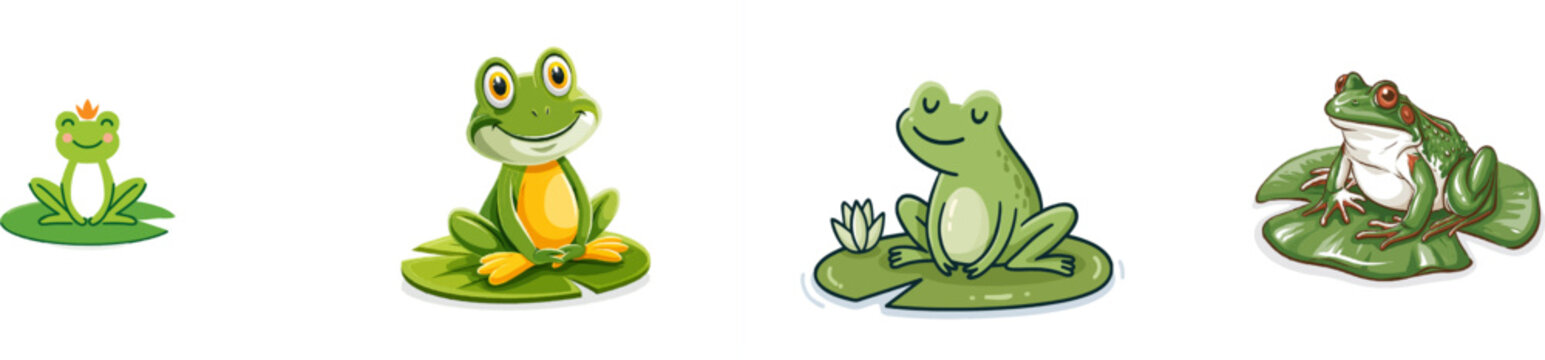 A cheerful green frog with a small orange crown sits happily on a floating lily pad in this vibrant, whimsical illustration