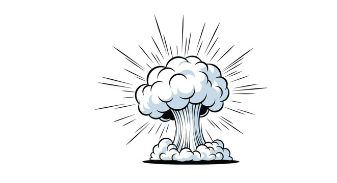 Comic-style atomic bomb explosion mushroom cloud with a large puff of white smoke and radiating black blast lines around it.