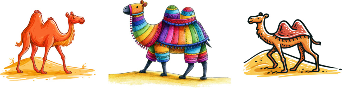 A cheerful camel with two humps walks slowly across a vibrant yellow sand dune in this bold, whimsical illustration