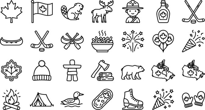 Canada Day Symbols and Cultural Heritage Line Icons Set for Travel