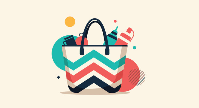Stylish striped beach tote bag filled with summer essentials like a water bottle and accessories against a colorful background.