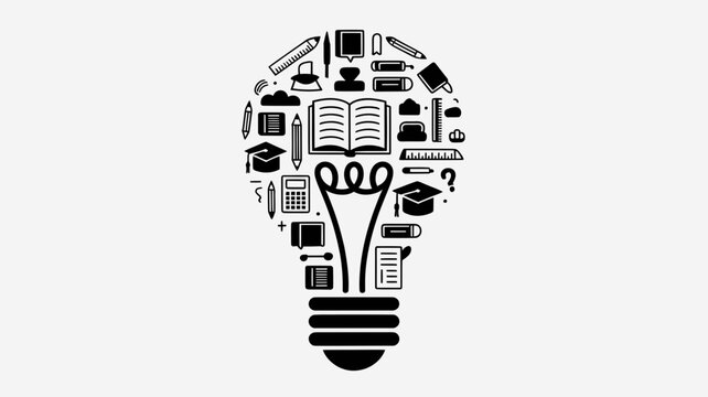 Black lightbulb made of education icons on for learning concept